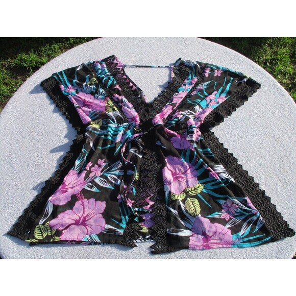 Miken Swim Kimono Cover Up Women's Med Black Floral Lace-Inset Tie-Front Sheer - Picture 2 of 16